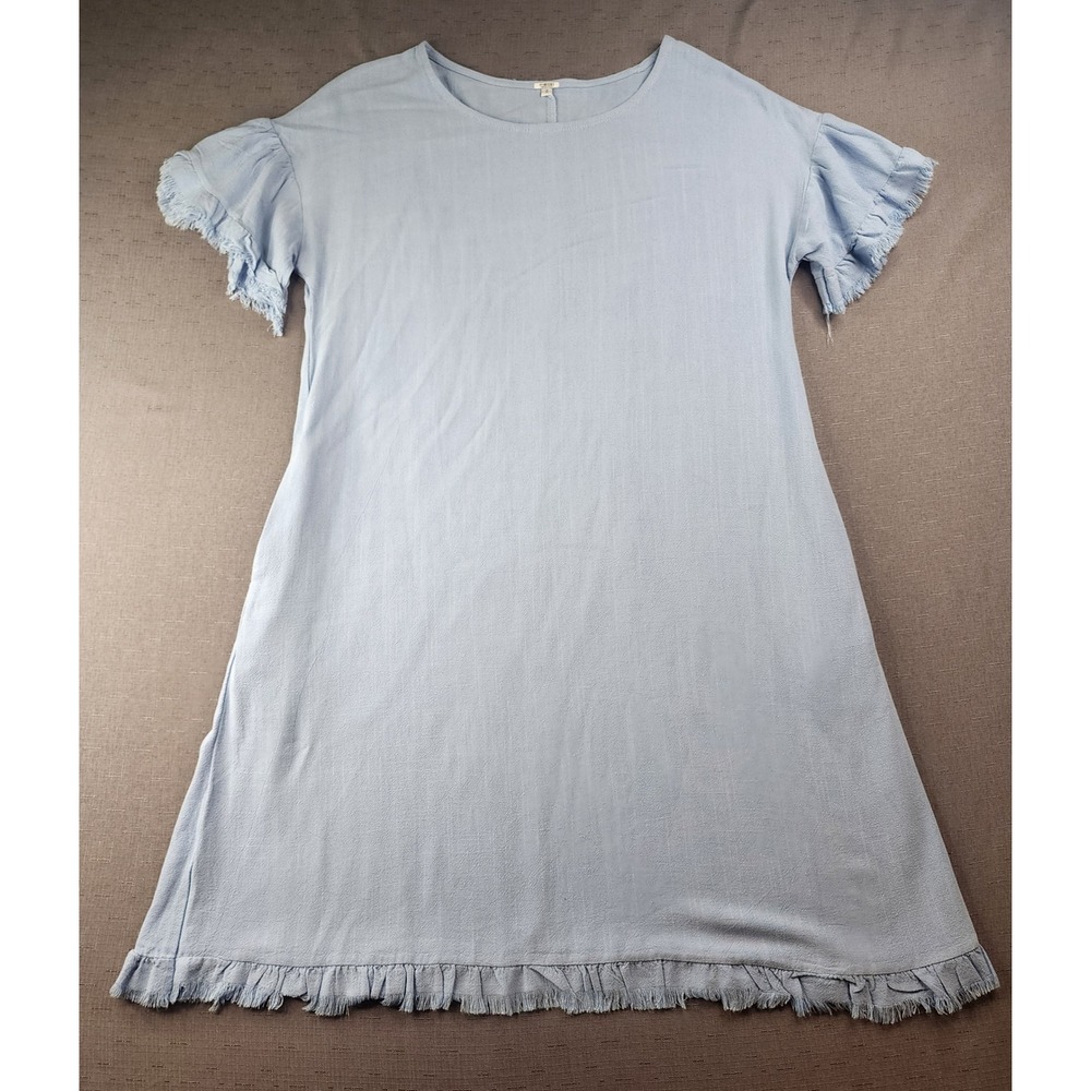 Tommy Bahama Light Blue Cotton Fringe Hem Flutter Sleeve Shift Dress Sm Pockets